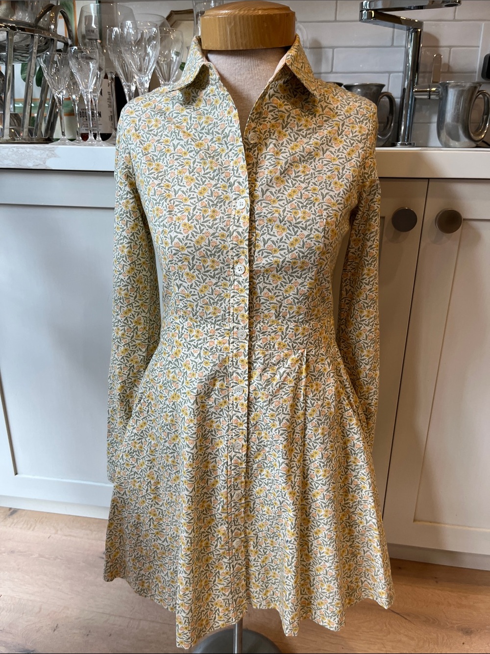 Pink Tartan Long-Sleeve Fine Floral Print Button-Front Dress in Yellow